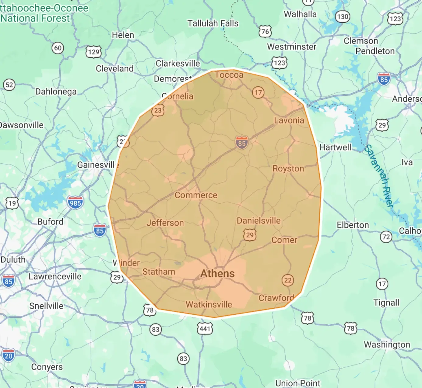 Map of the Guardian Septic Services coverage area centered on Winder, Georgia, reaching Statham, Auburn, Bethlehem, Braselton and Athens